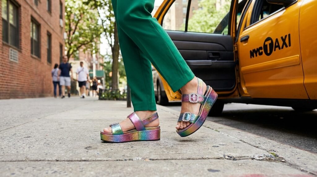 A woman stepping out of a taxi wearing metallic platform heels with crystals and green tailored pants.