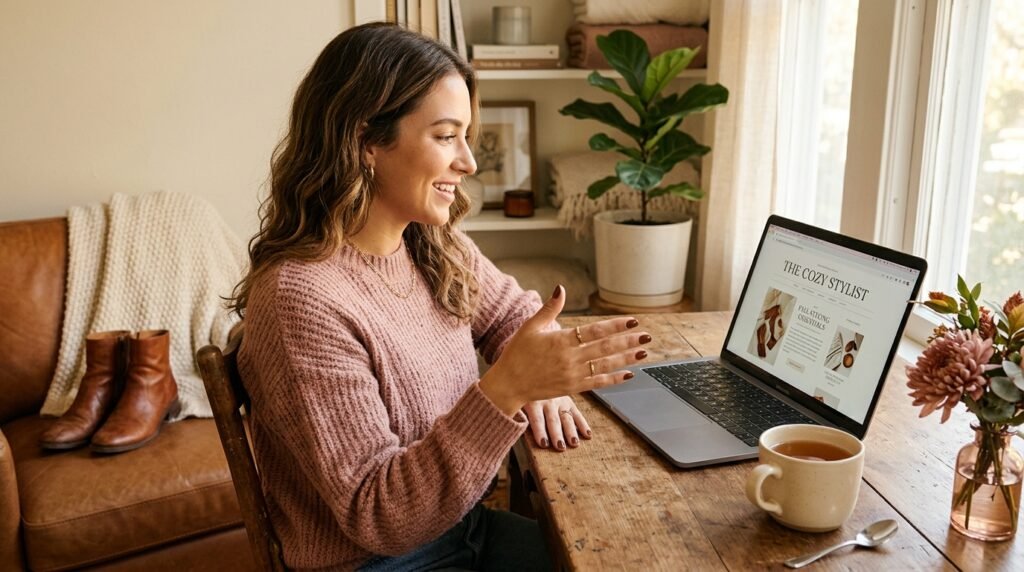 Woman gesturing with brown nails near a laptop and leather boots in a cozy setting.