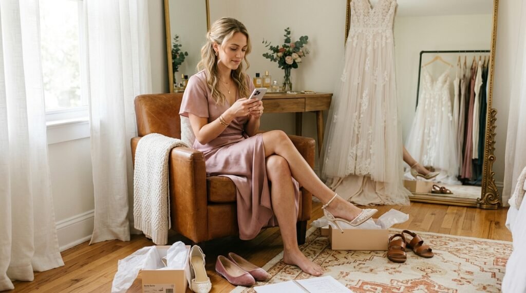 Photorealistic lifestyle photography of a smiling woman walking down a suburban hallway toward an evening event, wearing sleek metallic heels and holding a small clutch. Warm interior lighting. Color palette: cognac, dusty rose, and warm ivory. No text-in-image requests.