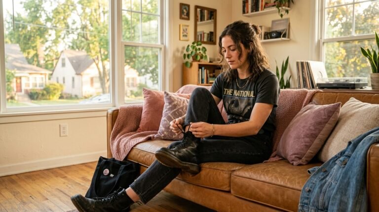 A young woman sits on a leather sofa tying the laces of her black combat boots in a warmly lit living room.