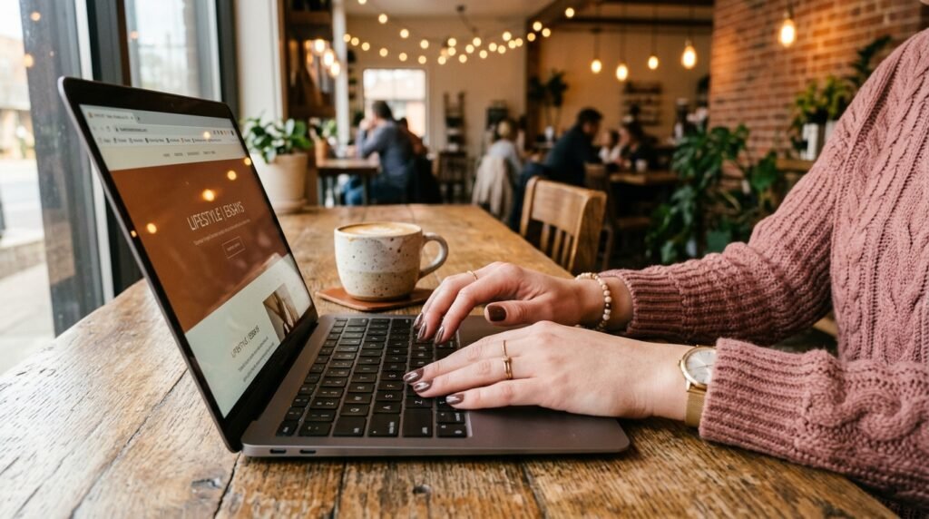 Close-up of a woman typing on a laptop in a café, highlighting her deep chocolate brown manicure.