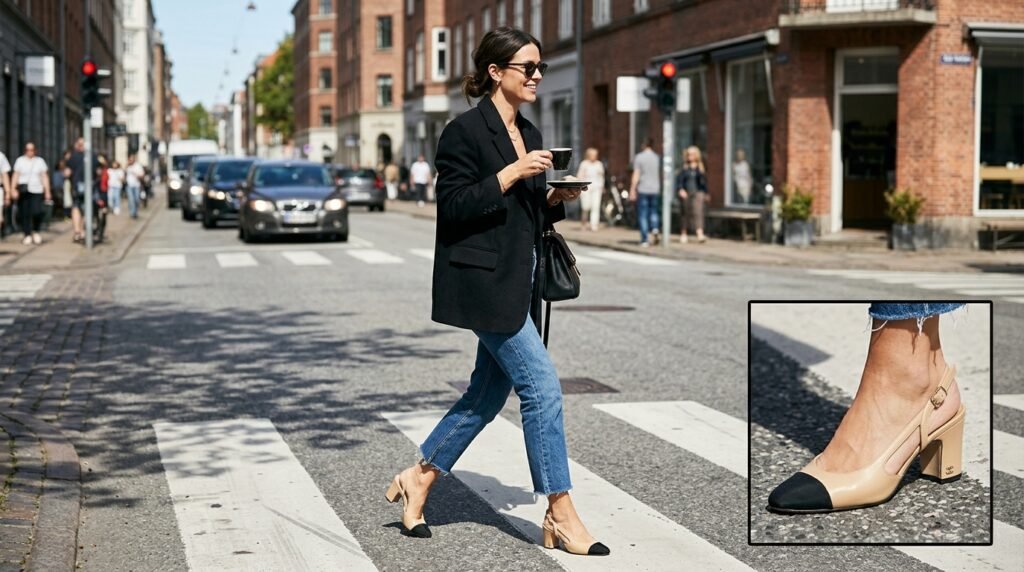 Woman wearing beige and black cap-toe slingbacks with straight jeans and a black blazer.