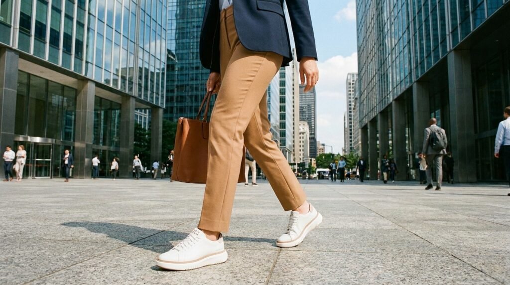 Cole Haan GrandPrø white leather sneakers worn with tailored camel trousers.