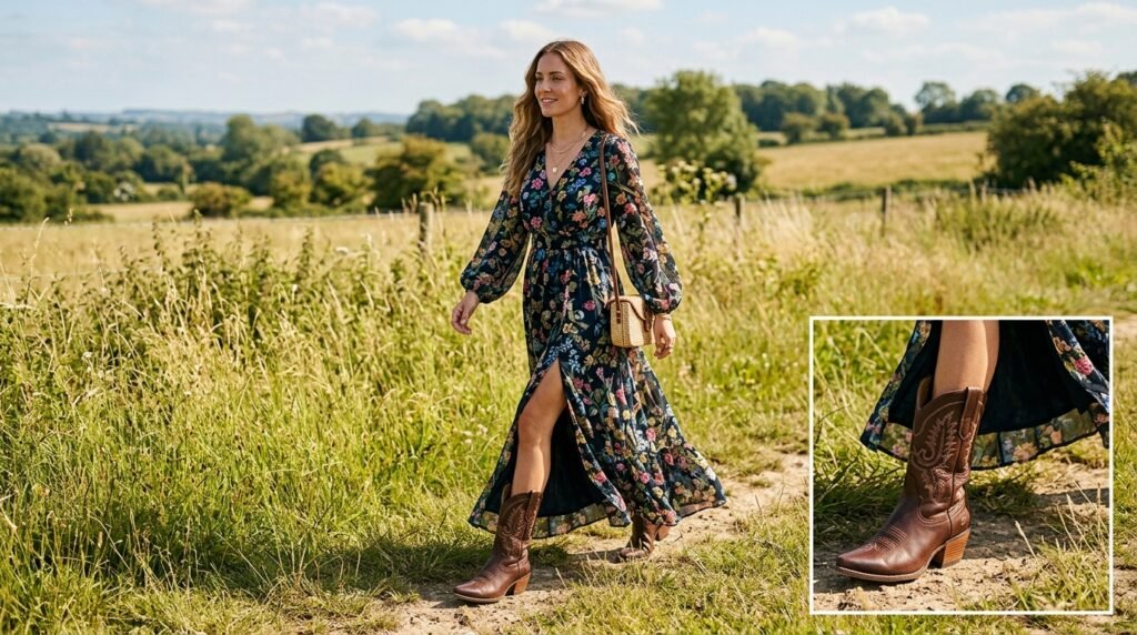 Woman wearing a dark floral chiffon maxi dress and chocolate brown cowboy boots.