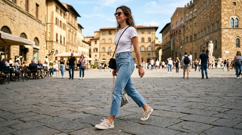 Street-style view of woman wearing cropped light-wash jeans and cream floral sneakers.