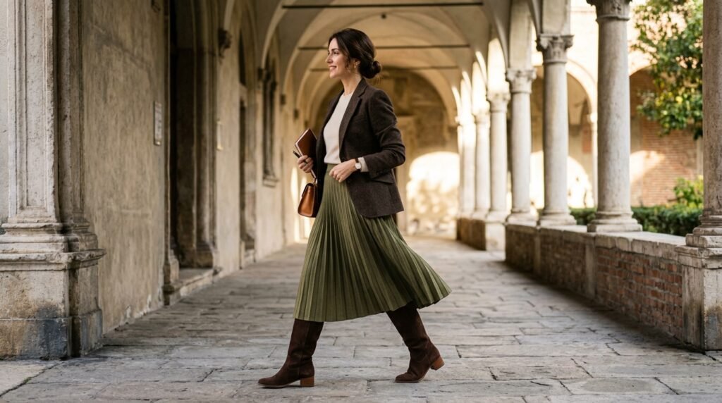 Chocolate brown suede knee-high boots paired with an olive midi skirt for fall.