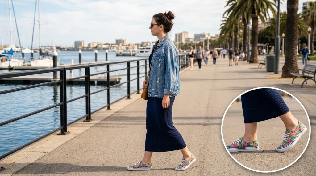 Navy ribbed column dress with denim jacket and floral sneakers.