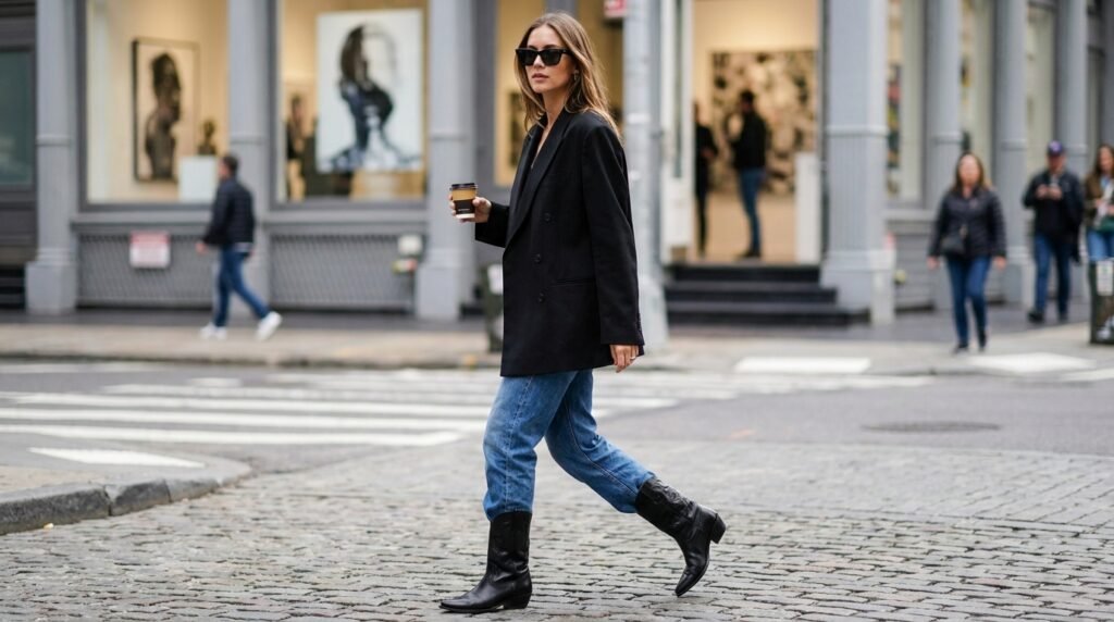 Woman wearing an oversized black blazer and pointed black leather cowboy boots on a city street.