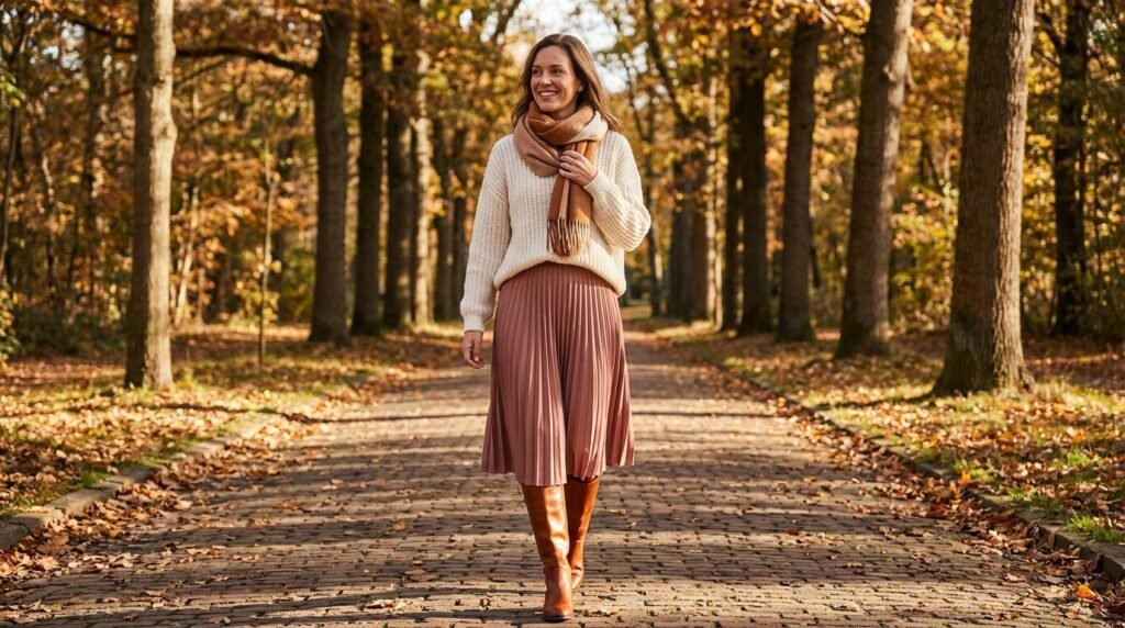 Woman walking outdoors wearing knee-high leather riding boots and a pleated skirt.