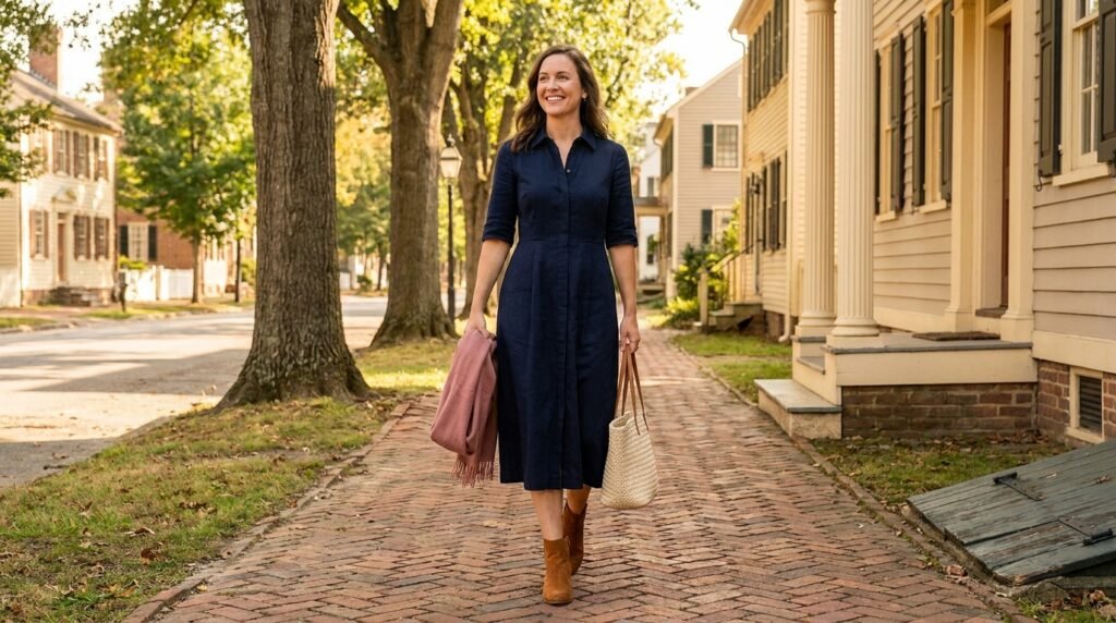 A woman wearing suede ankle boots and a midi dress on a brick path.