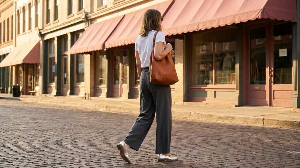 Woman walking on a street wearing metallic silver loafers and wide-leg trousers.