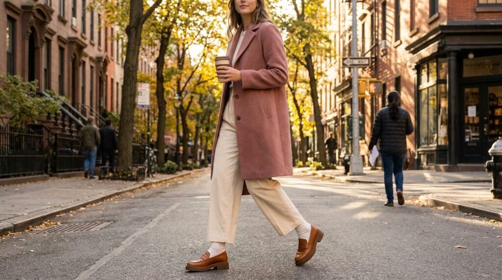 Woman walking on a sidewalk wearing chunky loafers, socks, and tailored trousers.