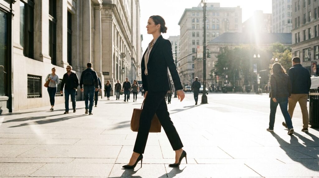 Woman walking with upright posture and heel-to-toe gait in high heels on a sidewalk.