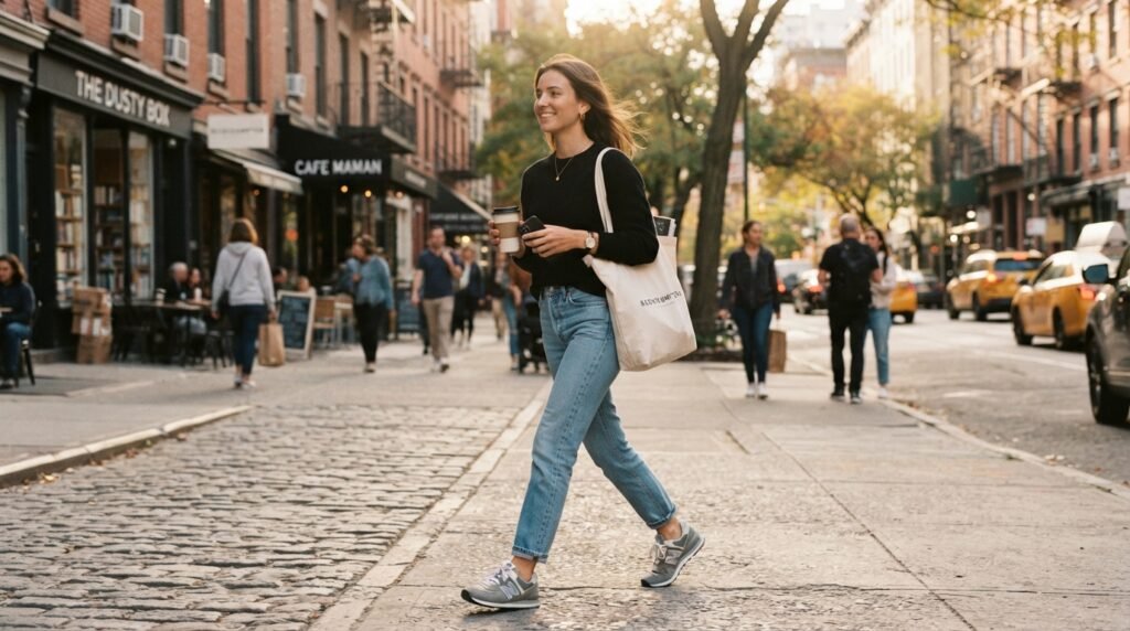 A woman walking down a city street wearing grey New Balance 574 sneakers, straight-leg jeans, and a black sweater.
