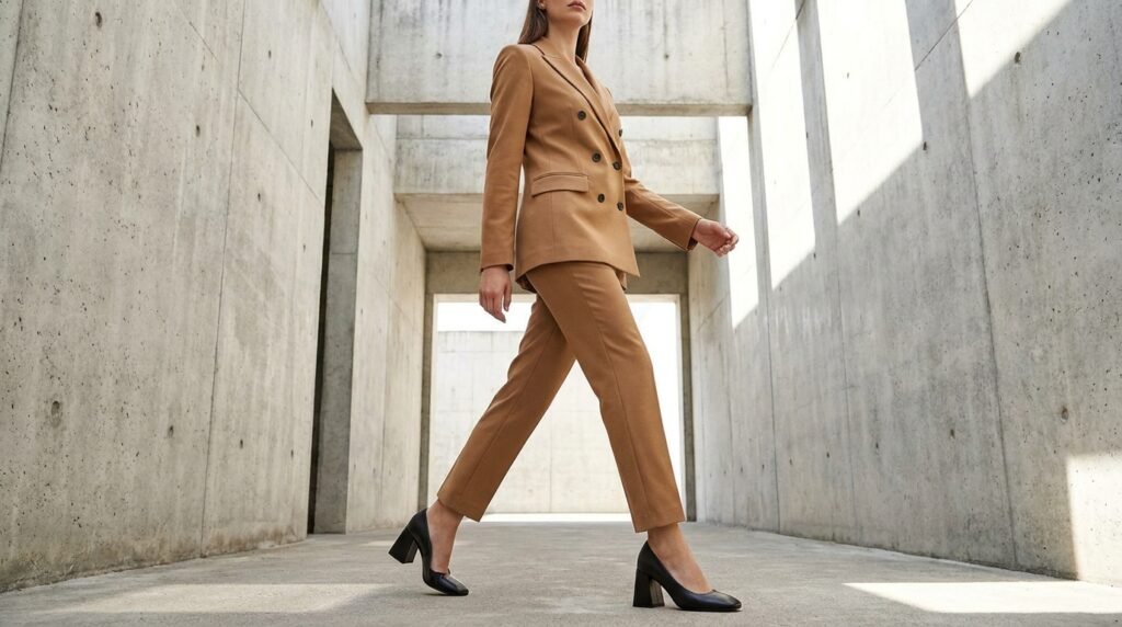 Structured black leather block-heel pumps worn with a camel pantsuit in an office corridor.