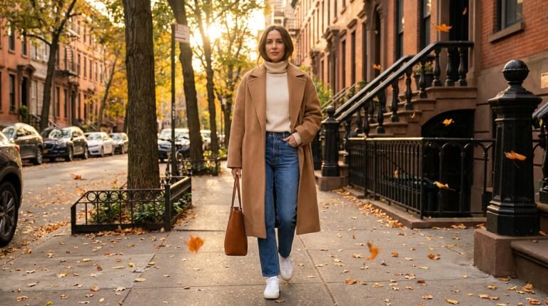 A woman walking down a city sidewalk in autumn wearing a camel wool coat, sweater, straight-leg jeans, and lifestyle sneakers.