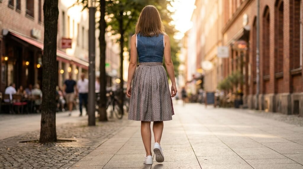 A woman walking on a sidewalk wearing a casual dress and clean white leather sneakers.