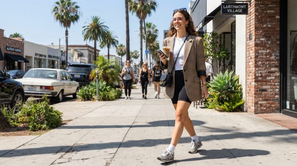 A woman walking on a sunny sidewalk wearing black bike shorts, an oversized blazer, and New Balance 574 sneakers.