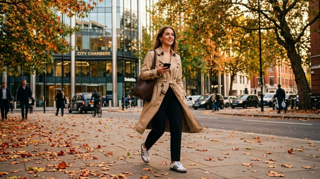 A woman wearing a beige trench coat and leather sneakers while walking past an office building.