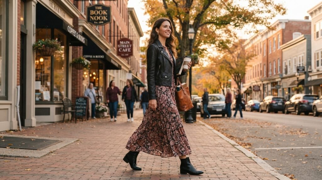 A woman walking down a street wearing a floral dress, black leather jacket, and black ankle boots.
