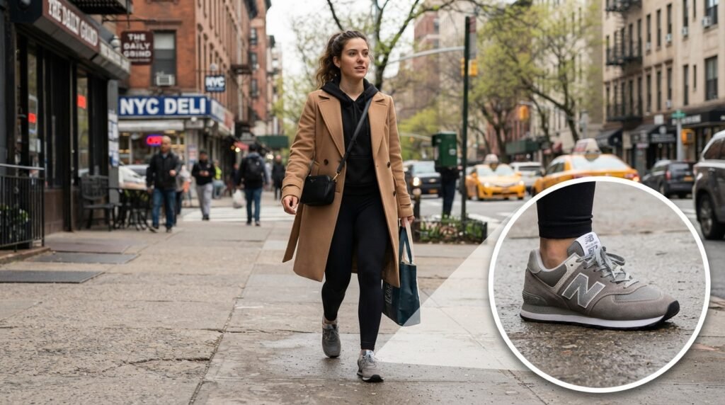 A woman walking in the city wearing black leggings, a hoodie, a camel trench coat, and New Balance 574 sneakers.