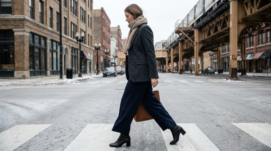 A woman walking down a city street in winter wearing a long wool blazer, wide-leg trousers, and sock boots.