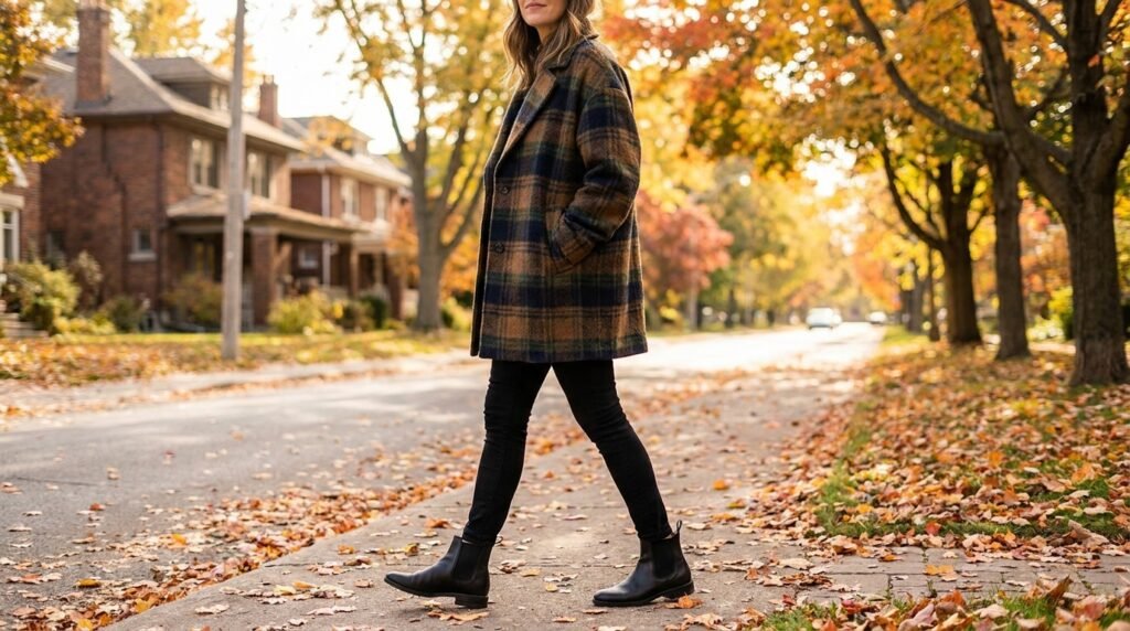 A woman wearing sleek black leather Chelsea boots and a plaid coat on a street.