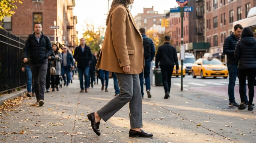 Close-up of a woman walking on a city sidewalk wearing tailored trousers and loafers with a camel blazer.