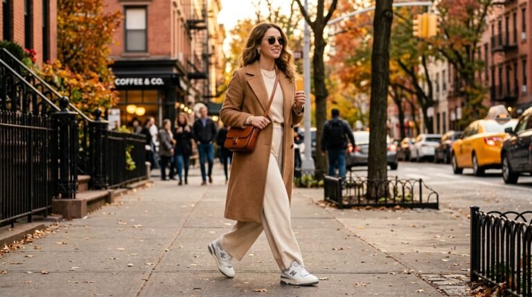 A woman walking on a city sidewalk wearing retro court sneakers, cream wide-leg trousers, and a camel overcoat during autumn.