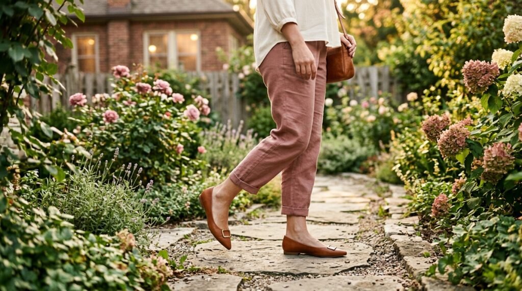 Close-up of pointed-toe leather flats worn on a grassy backyard lawn during golden hour.