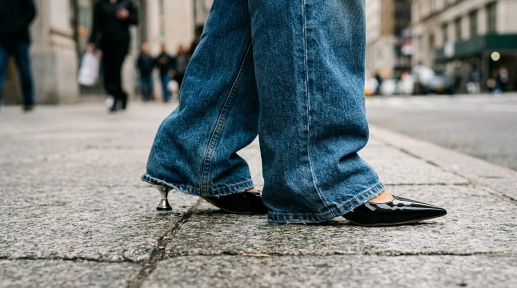 Pointed black spool kitten heels peeking from beneath wide-leg baggy blue jeans.