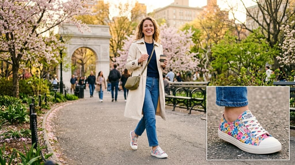 Woman walking outdoors wearing straight-leg jeans, trench coat, and floral sneakers.