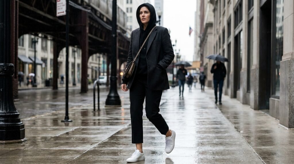 Woman walking in a city wearing a gray wool blazer over a black hoodie, trousers, and white sneakers.