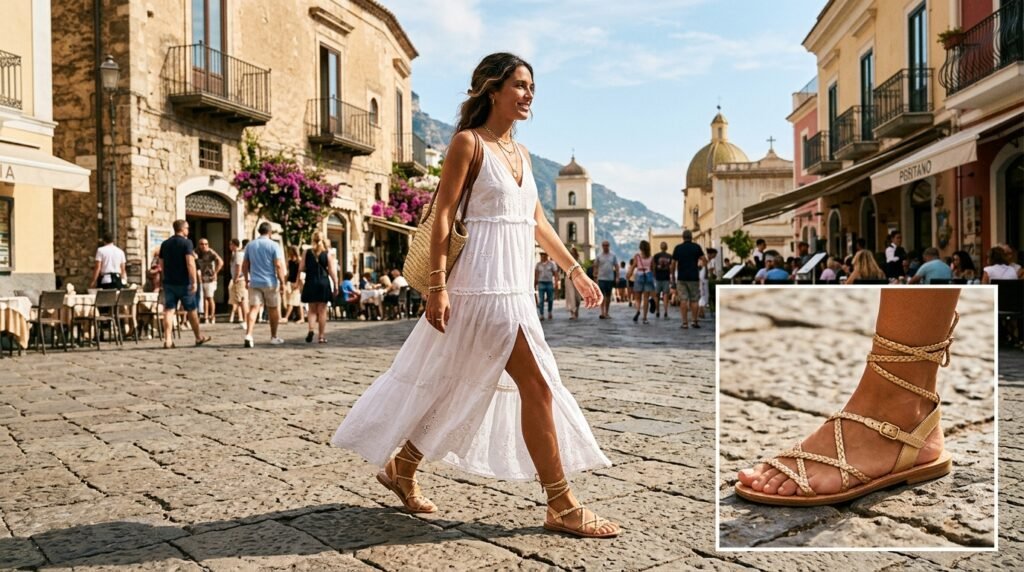 Woman wearing delicate gold gladiator flat sandals with a white maxi dress.