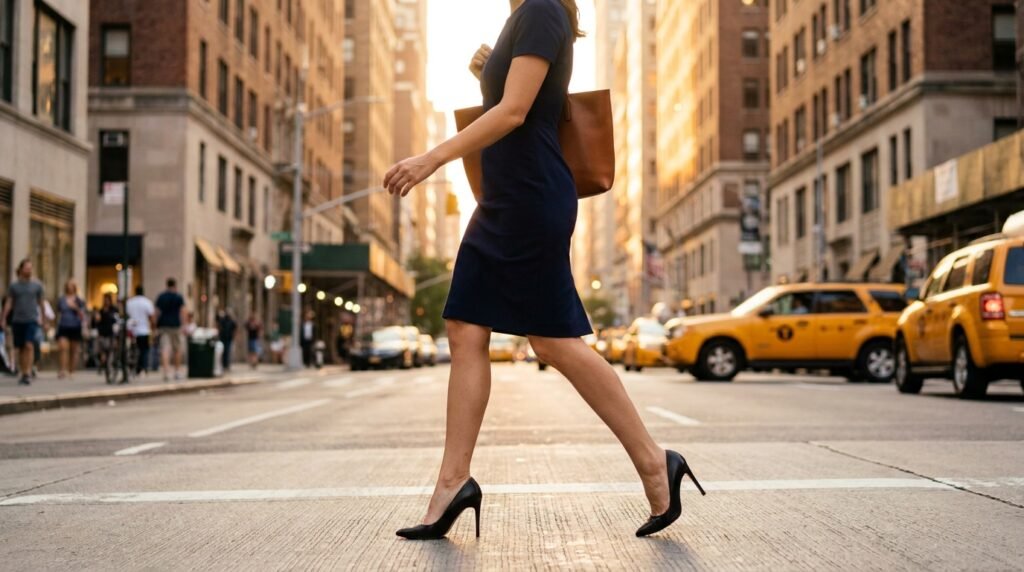A woman walking across a city street wearing a navy sheath dress and black pointed-toe stiletto heels.