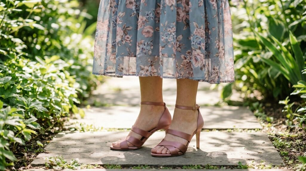 Close up of dusty rose strappy sandal heels worn with a floral midi dress in a garden setting.