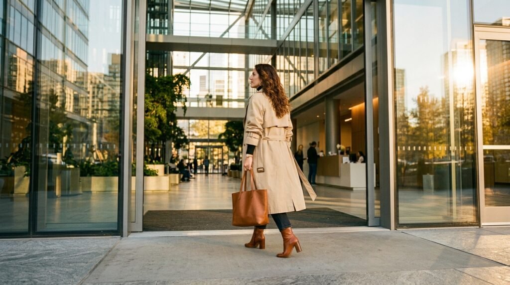 Woman walking through an office atrium wearing a trench coat and cognac ankle boots.