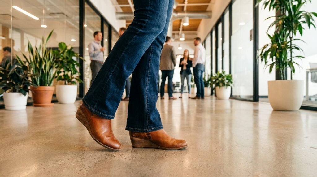 A woman walking in an office lobby wearing cognac leather low wedge booties and dark wash bootcut jeans.