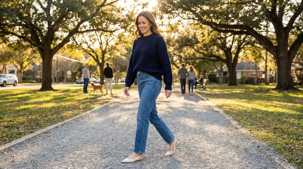 A woman wearing cream slingback ballet flats and denim jeans in a park.