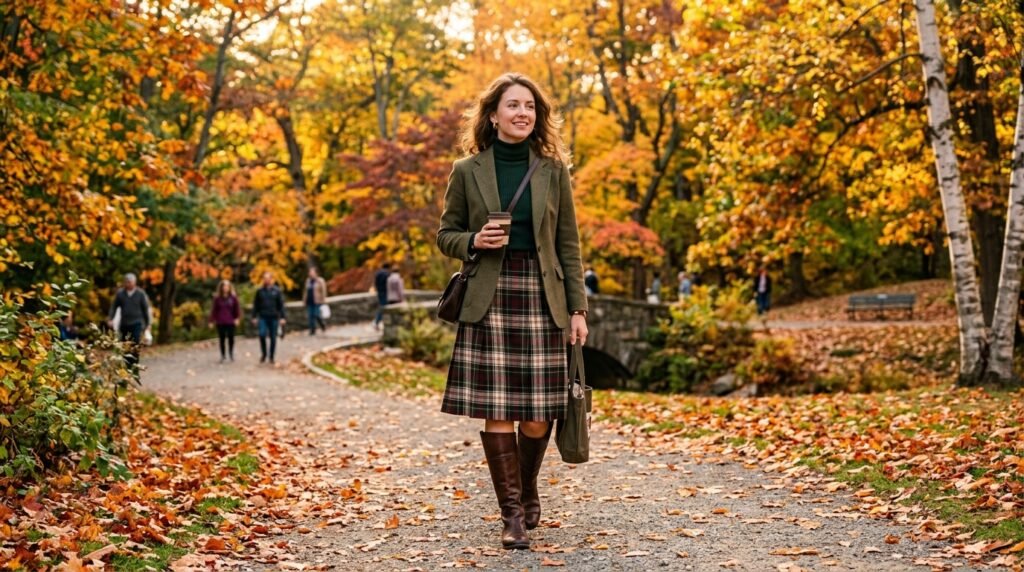 A woman walking in a park wearing knee-high leather boots and a plaid skirt.