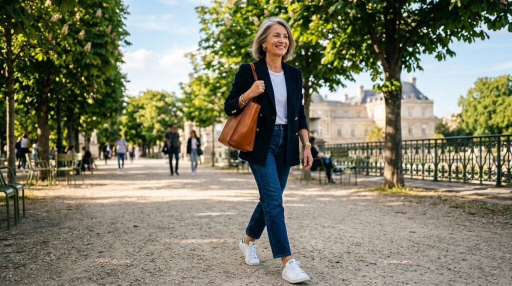 Mature woman wearing straight-leg jeans and white leather court sneakers outdoors.