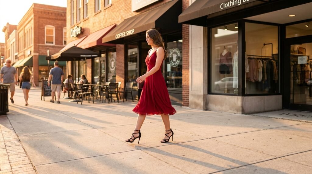 A woman walks down a city sidewalk wearing a red cocktail dress and black strappy heels.
