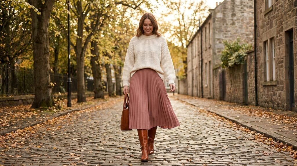 Woman walking outside wearing tall boots and a pleated midi skirt.