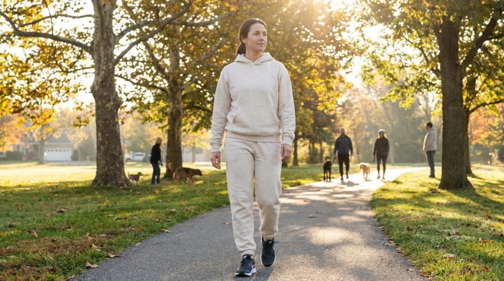 A woman walking in a park wearing a matching sweatpant set and Nike sneakers.