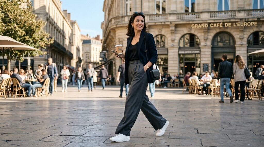 Woman wearing wide-leg charcoal trousers and clean white leather court sneakers.