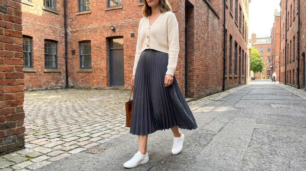 Woman standing near a brick wall wearing a charcoal pleated skirt, cropped cardigan, and leather sneakers.