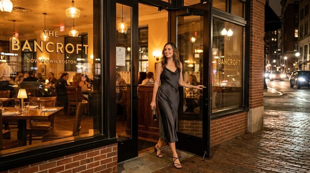 A woman wearing minimalist black strappy heels and a dark dress at an evening venue.