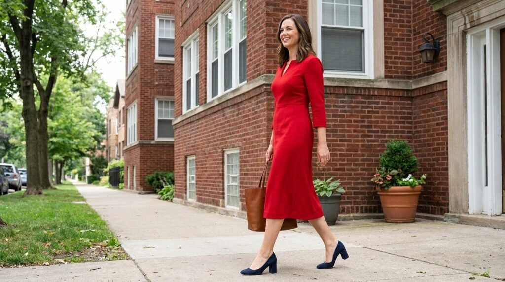 A woman walks outdoors wearing a red midi dress and navy blue suede pumps.