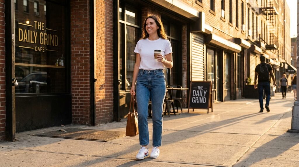 A woman walking outside a coffee shop wearing straight-leg jeans, a white t-shirt, and Nike sneakers.