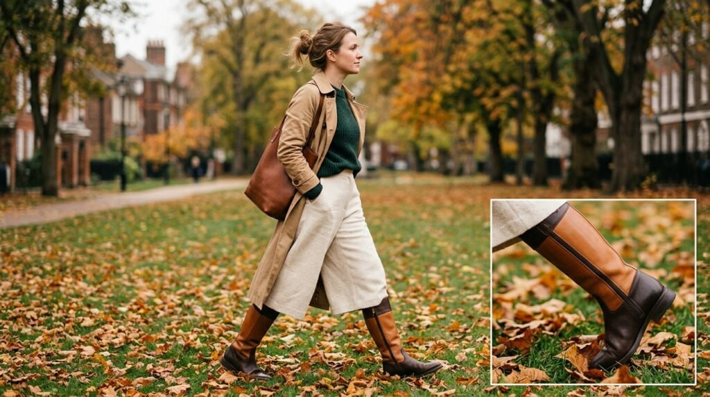 Two-tone caramel and espresso leather riding boots worn with cream wool culottes.